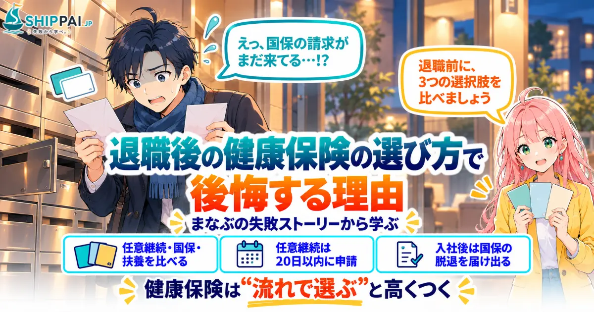 退職後の健康保険の選び方で後悔する理由を紹介するSHIPPAI.JPの記事アイキャッチ。まなぶとみらいのイラスト付き