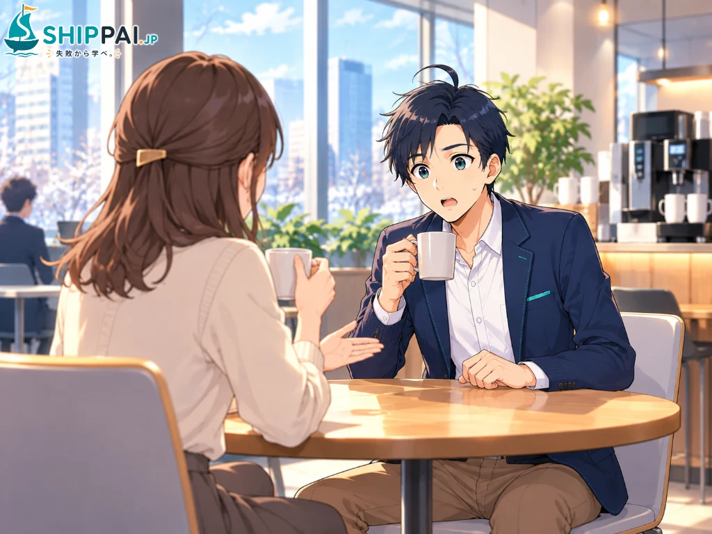 新しい会社の休憩コーナーで、同僚から任意継続のほうが安かった話を聞き、マグカップを持つ手を止めて驚くまなぶのイラスト