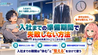入社までの準備期間で失敗しない方法を紹介するSHIPPAI.JPの記事アイキャッチ。まなぶとみらいのイラスト付き