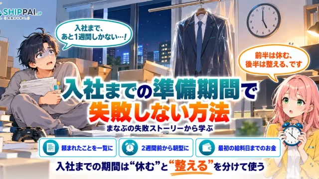 入社までの準備期間で失敗しない方法を紹介するSHIPPAI.JPの記事アイキャッチ。まなぶとみらいのイラスト付き
