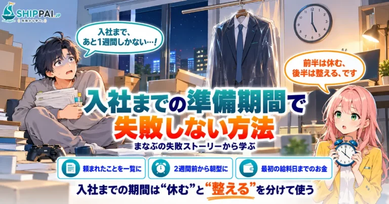 入社までの準備期間で失敗しない方法を紹介するSHIPPAI.JPの記事アイキャッチ。まなぶとみらいのイラスト付き