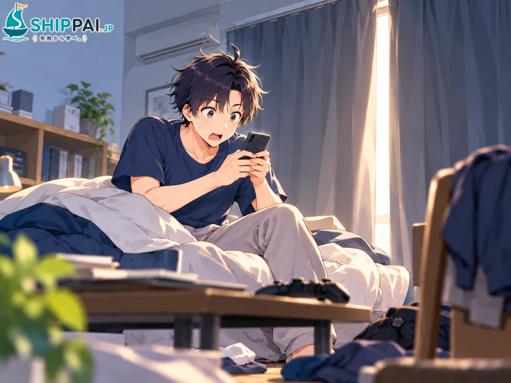 昼前の薄暗い部屋で、入社前の健康診断の案内メールに気づいてベッドから飛び起きるまなぶのイラスト