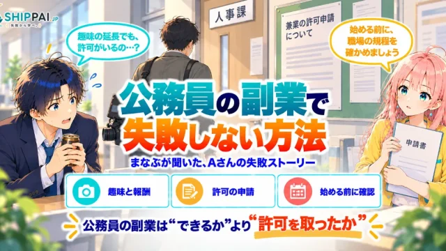 公務員の副業で失敗しない方法を紹介するSHIPPAI.JPの記事アイキャッチ。まなぶとみらいのイラスト付き