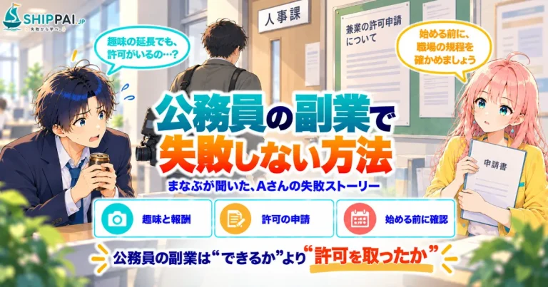 公務員の副業で失敗しない方法を紹介するSHIPPAI.JPの記事アイキャッチ。まなぶとみらいのイラスト付き