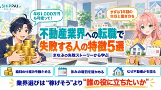 不動産業界への転職で失敗する人の特徴5選を紹介するSHIPPAI.JPの記事アイキャッチ。まなぶとみらいのイラスト付き