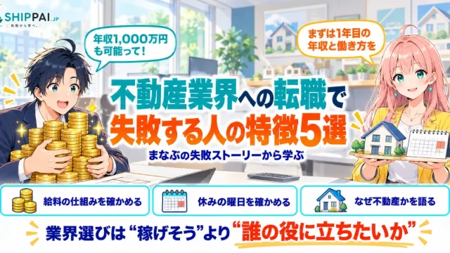 不動産業界への転職で失敗する人の特徴5選を紹介するSHIPPAI.JPの記事アイキャッチ。まなぶとみらいのイラスト付き