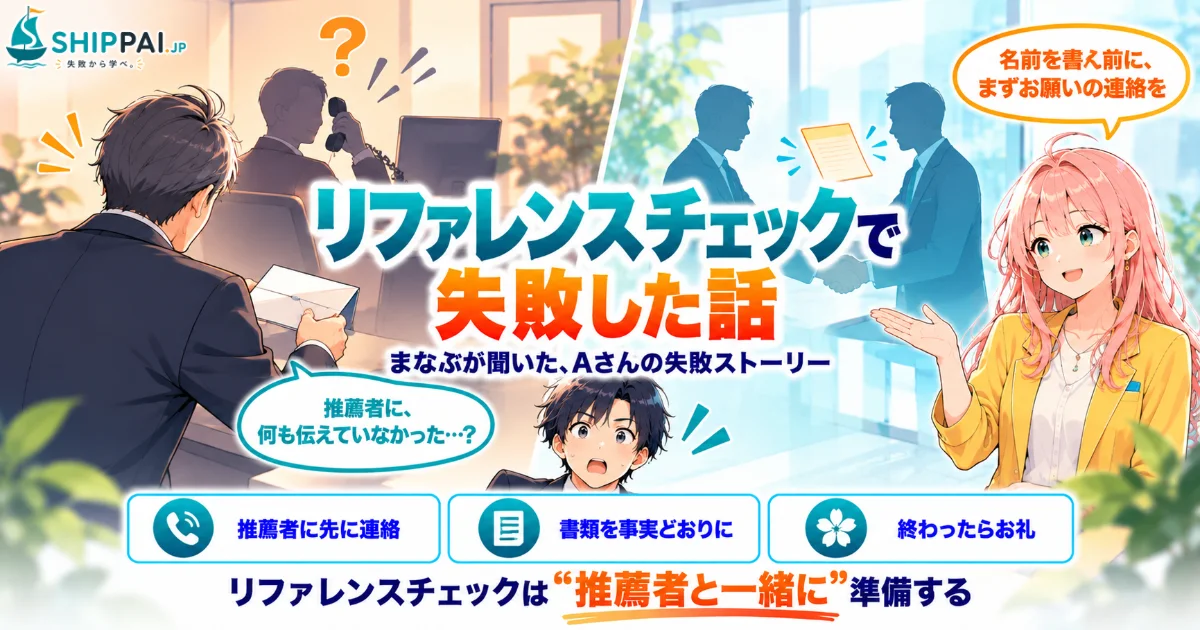 リファレンスチェックで失敗した話を紹介するSHIPPAI.JPの記事アイキャッチ。まなぶとみらいのイラスト付き