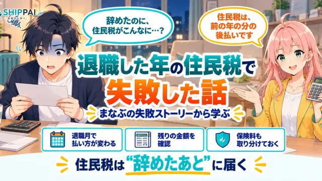 退職した年の住民税で失敗した話を紹介するSHIPPAI.JPの記事アイキャッチ。まなぶとみらいのイラスト付き