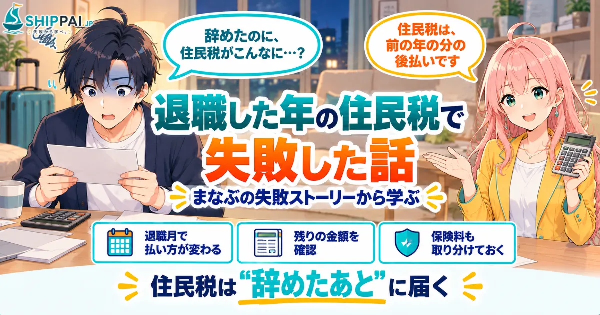 退職した年の住民税で失敗した話を紹介するSHIPPAI.JPの記事アイキャッチ。まなぶとみらいのイラスト付き