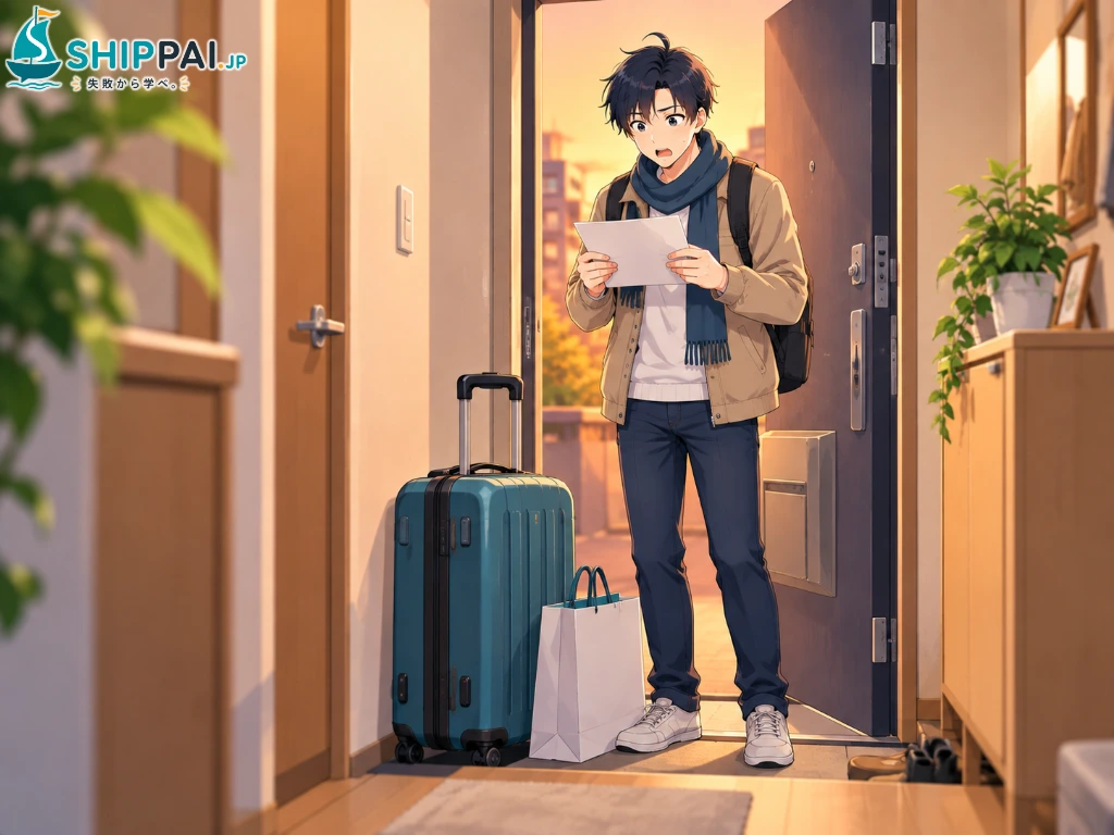 旅行から帰った玄関で住民税の納付書を開き、退職後に届いたまとまった請求に驚いて固まるまなぶのイラスト