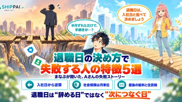 退職日の決め方で失敗する人の特徴5選を紹介するSHIPPAI.JPの記事アイキャッチ。まなぶとみらいのイラスト付き