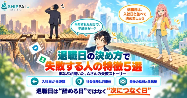 退職日の決め方で失敗する人の特徴5選を紹介するSHIPPAI.JPの記事アイキャッチ。まなぶとみらいのイラスト付き