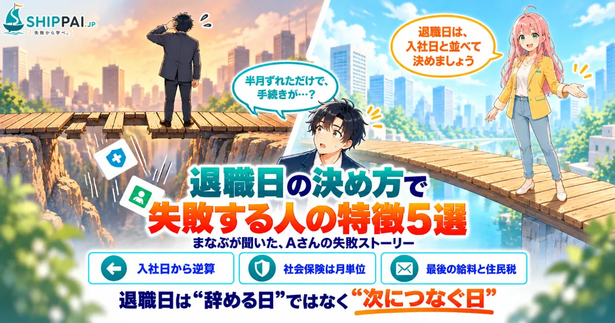退職日の決め方で失敗する人の特徴5選を紹介するSHIPPAI.JPの記事アイキャッチ。まなぶとみらいのイラスト付き