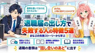 退職届の出し方で失敗する人の特徴5選を紹介するSHIPPAI.JPの記事アイキャッチ。まなぶとみらいのイラスト付き