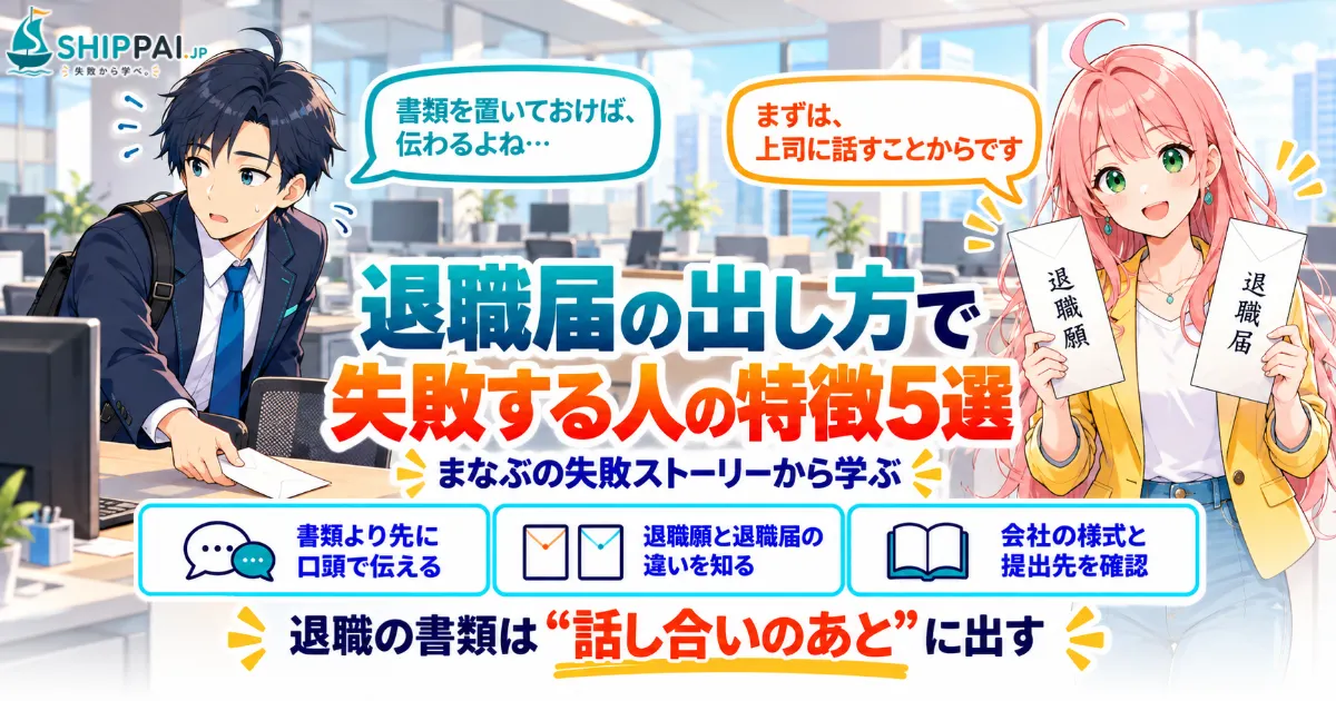 退職届の出し方で失敗する人の特徴5選を紹介するSHIPPAI.JPの記事アイキャッチ。まなぶとみらいのイラスト付き