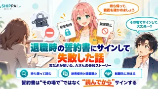 退職時の誓約書にサインして失敗した話を紹介するSHIPPAI.JPの記事アイキャッチ。まなぶとみらいのイラスト付き