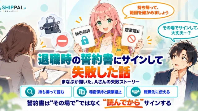 退職時の誓約書にサインして失敗した話を紹介するSHIPPAI.JPの記事アイキャッチ。まなぶとみらいのイラスト付き
