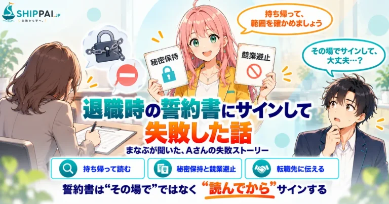 退職時の誓約書にサインして失敗した話を紹介するSHIPPAI.JPの記事アイキャッチ。まなぶとみらいのイラスト付き