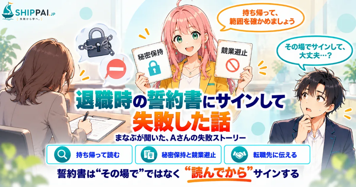 退職時の誓約書にサインして失敗した話を紹介するSHIPPAI.JPの記事アイキャッチ。まなぶとみらいのイラスト付き