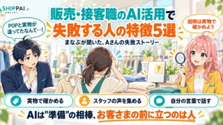 販売・接客職のAI活用で失敗する人の特徴5選を紹介するSHIPPAI.JPの記事アイキャッチ。まなぶとみらいのイラスト付き