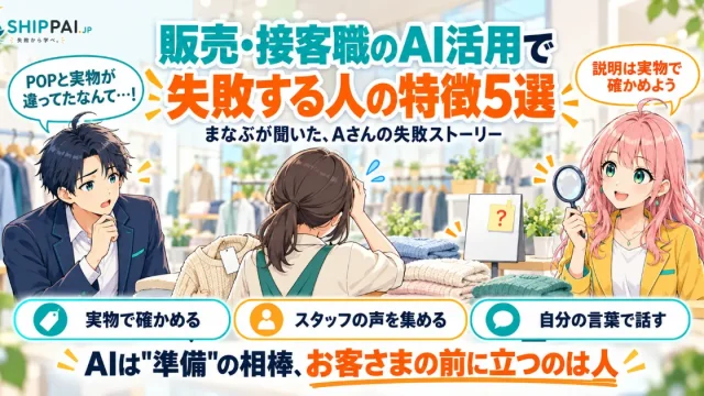 販売・接客職のAI活用で失敗する人の特徴5選を紹介するSHIPPAI.JPの記事アイキャッチ。まなぶとみらいのイラスト付き