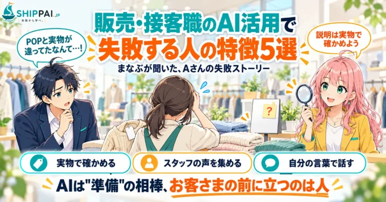販売・接客職のAI活用で失敗する人の特徴5選を紹介するSHIPPAI.JPの記事アイキャッチ。まなぶとみらいのイラスト付き