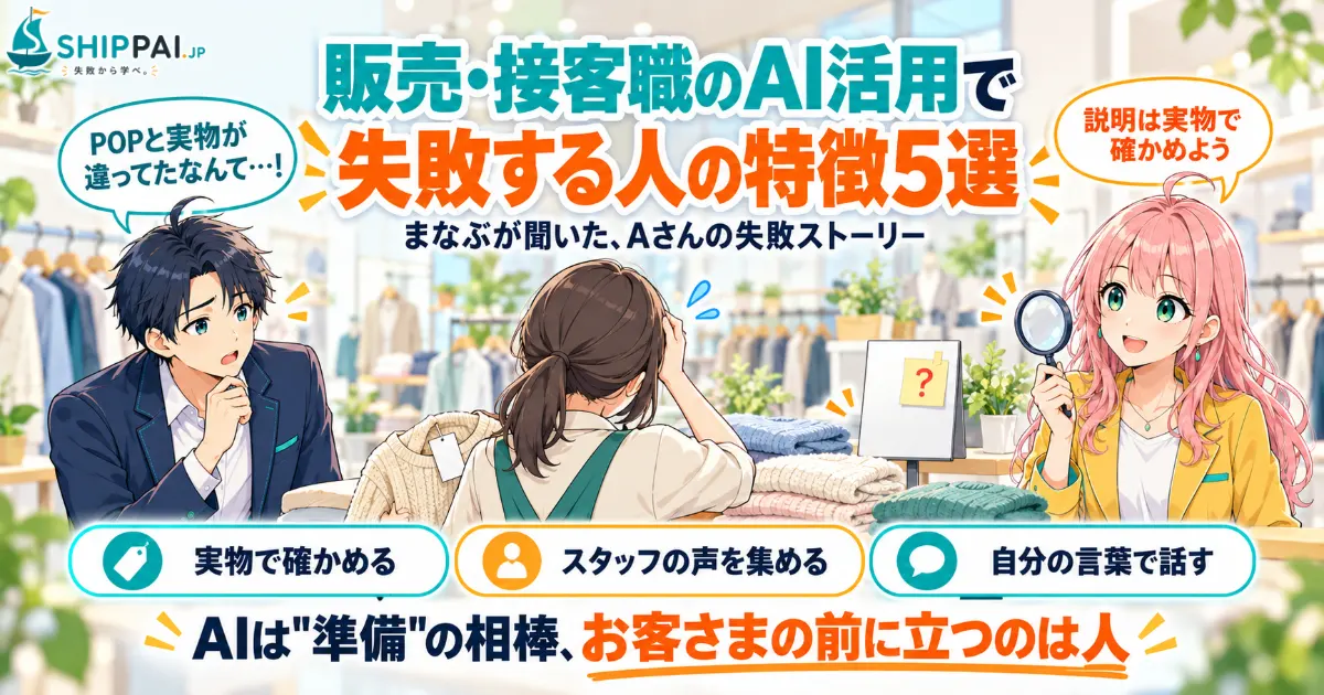 販売・接客職のAI活用で失敗する人の特徴5選を紹介するSHIPPAI.JPの記事アイキャッチ。まなぶとみらいのイラスト付き