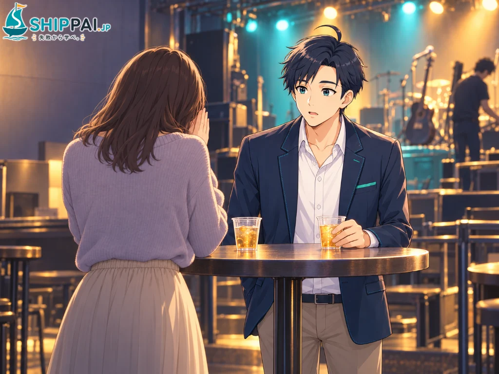 サークルのOB会が開かれたライブハウスで、後輩のAさんから売り場の失敗の話を聞くまなぶのイラスト
