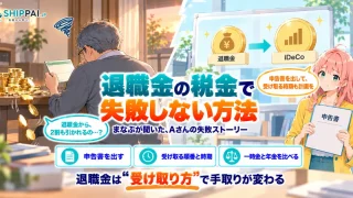 退職金の税金で失敗しない方法を紹介するSHIPPAI.JPの記事アイキャッチ。まなぶとみらいのイラスト付き