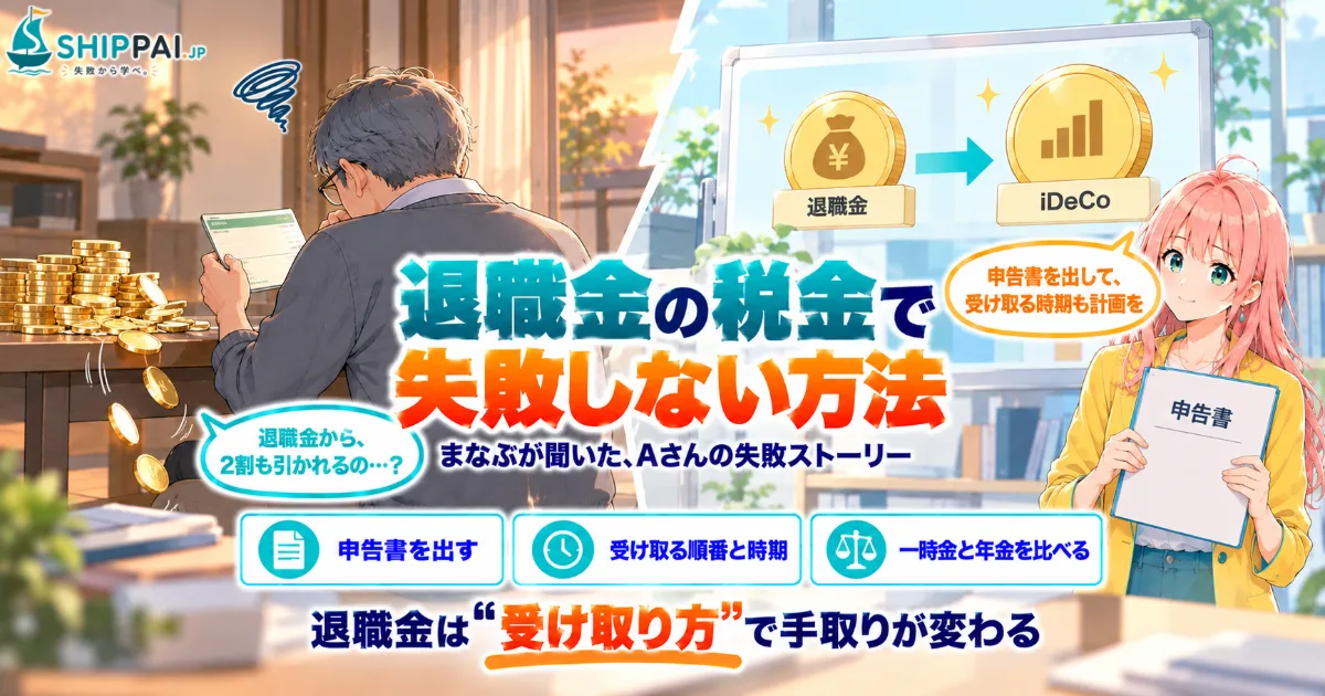 退職金の税金で失敗しない方法を紹介するSHIPPAI.JPの記事アイキャッチ。まなぶとみらいのイラスト付き