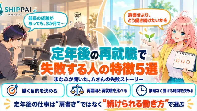 定年後の再就職で失敗する人の特徴5選を紹介するSHIPPAI.JPの記事アイキャッチ。まなぶとみらいのイラスト付き