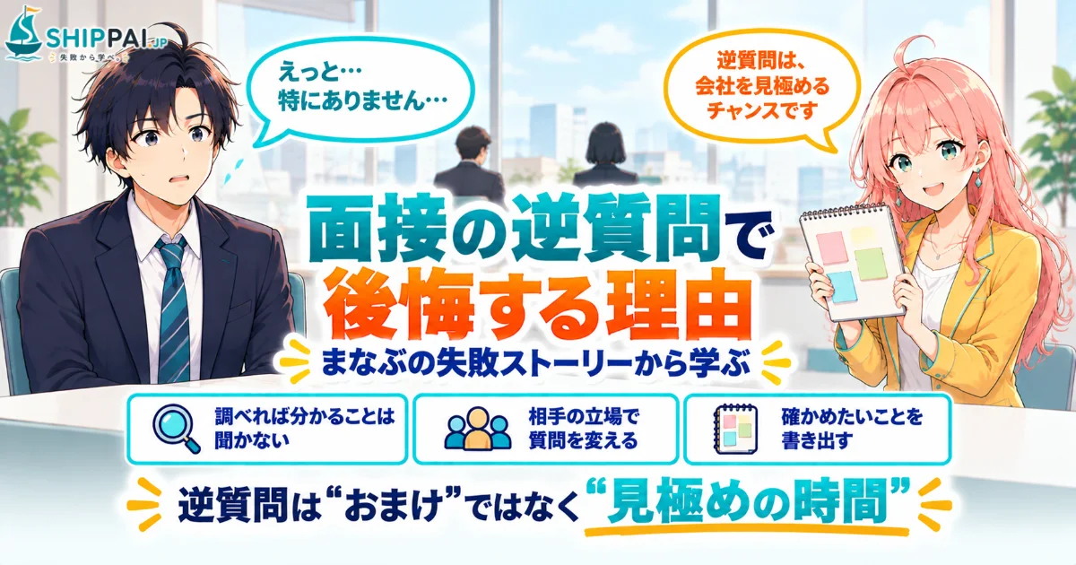 面接の逆質問で後悔する理由を紹介するSHIPPAI.JPの記事アイキャッチ。まなぶとみらいのイラスト付き