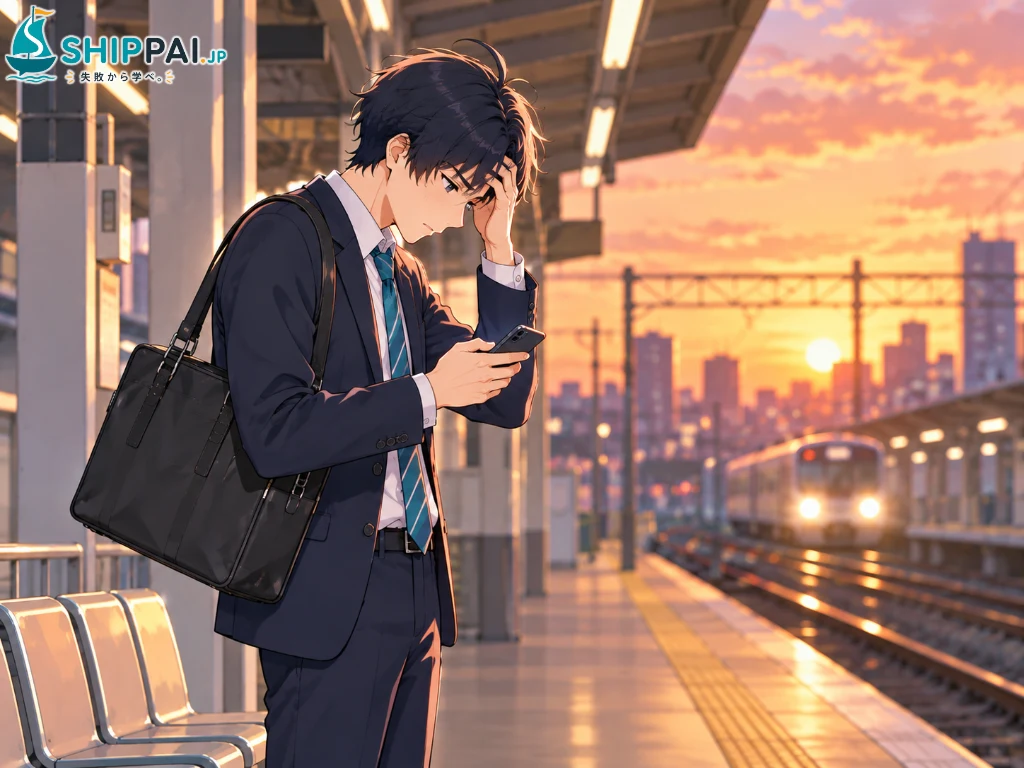 面接の帰りに駅のホームでスマホのメモを見返し、聞きたかった逆質問を思い出して後悔するまなぶのイラスト