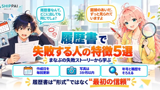 履歴書で失敗する人の特徴5選を紹介するSHIPPAI.JPの記事アイキャッチ。まなぶとみらいのイラスト付き