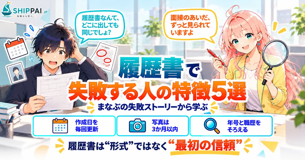 履歴書で失敗する人の特徴5選を紹介するSHIPPAI.JPの記事アイキャッチ。まなぶとみらいのイラスト付き