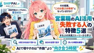 営業職のAI活用で失敗する人の特徴5選を紹介するSHIPPAI.JPの記事アイキャッチ。まなぶとみらいのイラスト付き