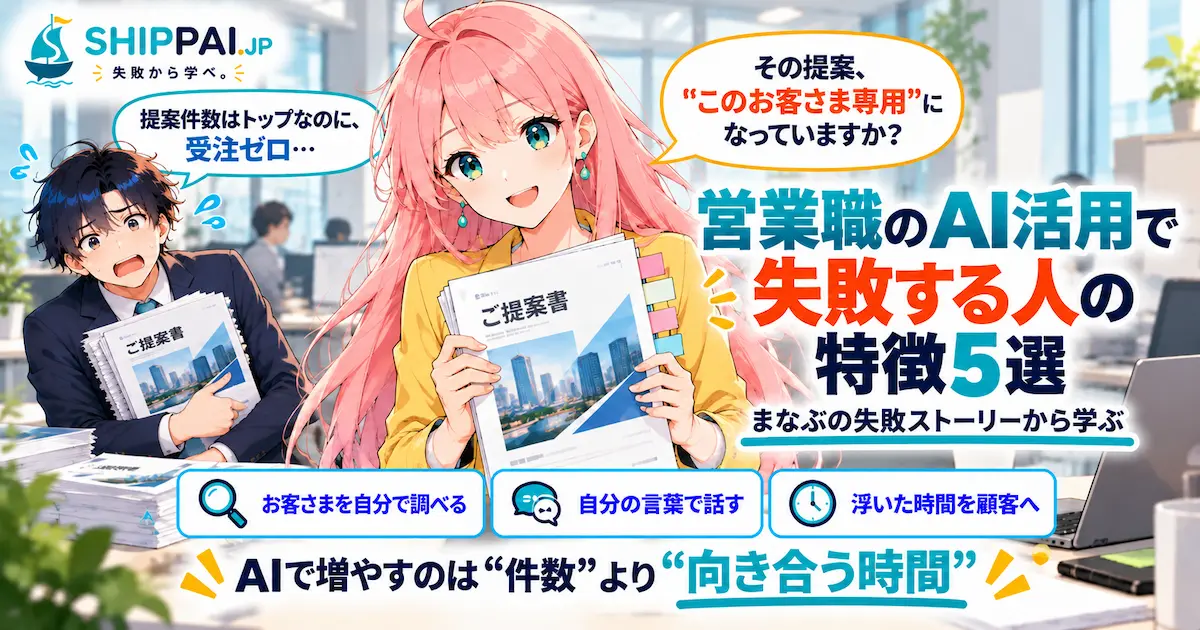 営業職のAI活用で失敗する人の特徴5選を紹介するSHIPPAI.JPの記事アイキャッチ。まなぶとみらいのイラスト付き