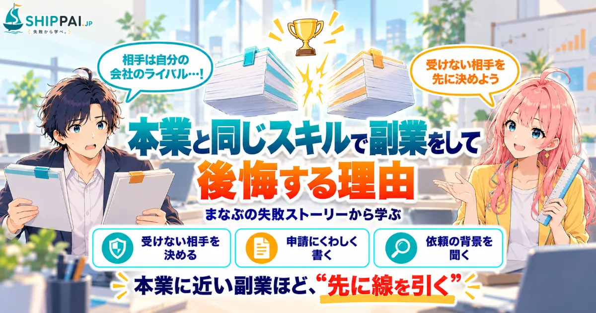 本業と同じスキルで副業をして後悔する理由を紹介するSHIPPAI.JPの記事アイキャッチ。まなぶとみらいのイラスト付き