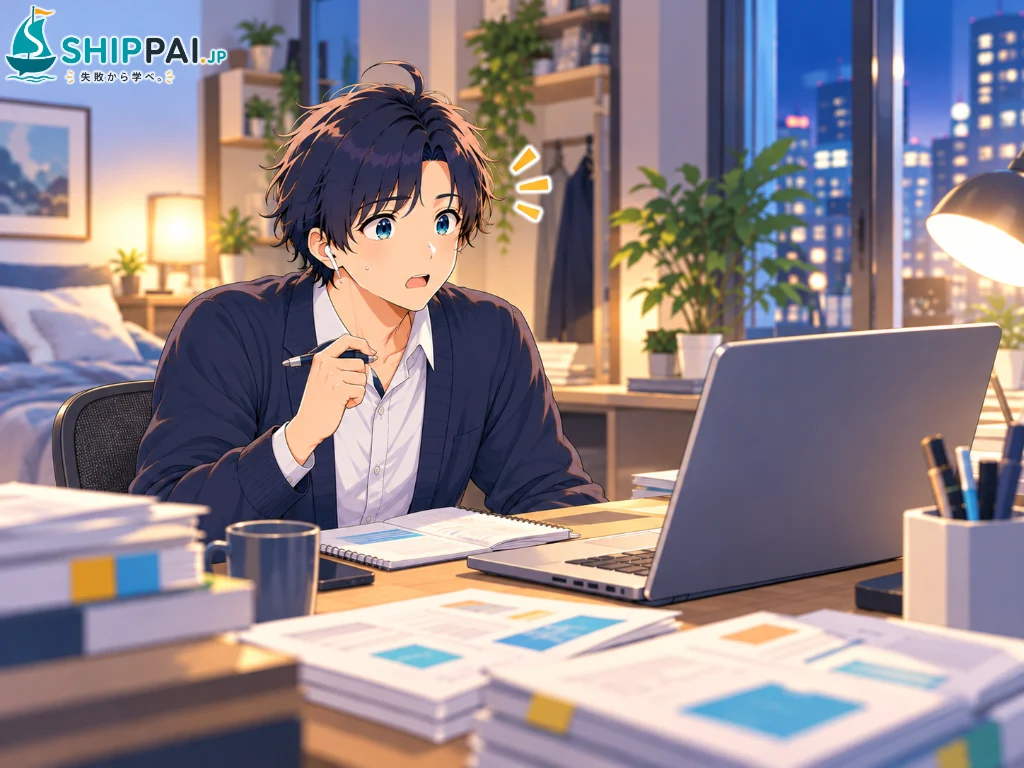 副業の打ち合わせ中に、依頼主の競う相手が自分の会社だと気づき、画面の前で固まるまなぶのイラスト