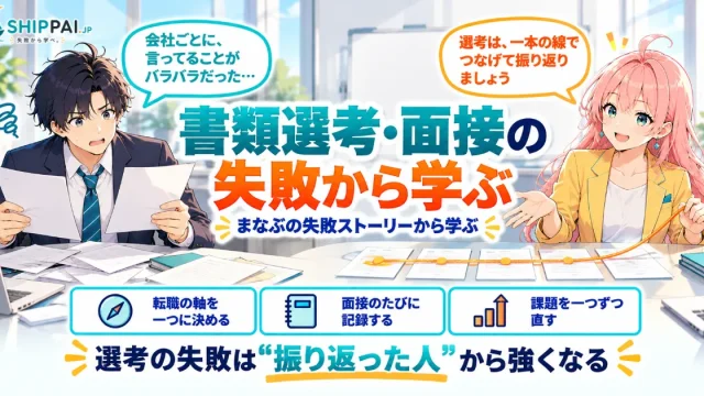 書類選考・面接の失敗から学ぶを紹介するSHIPPAI.JPの記事アイキャッチ。まなぶとみらいのイラスト付き