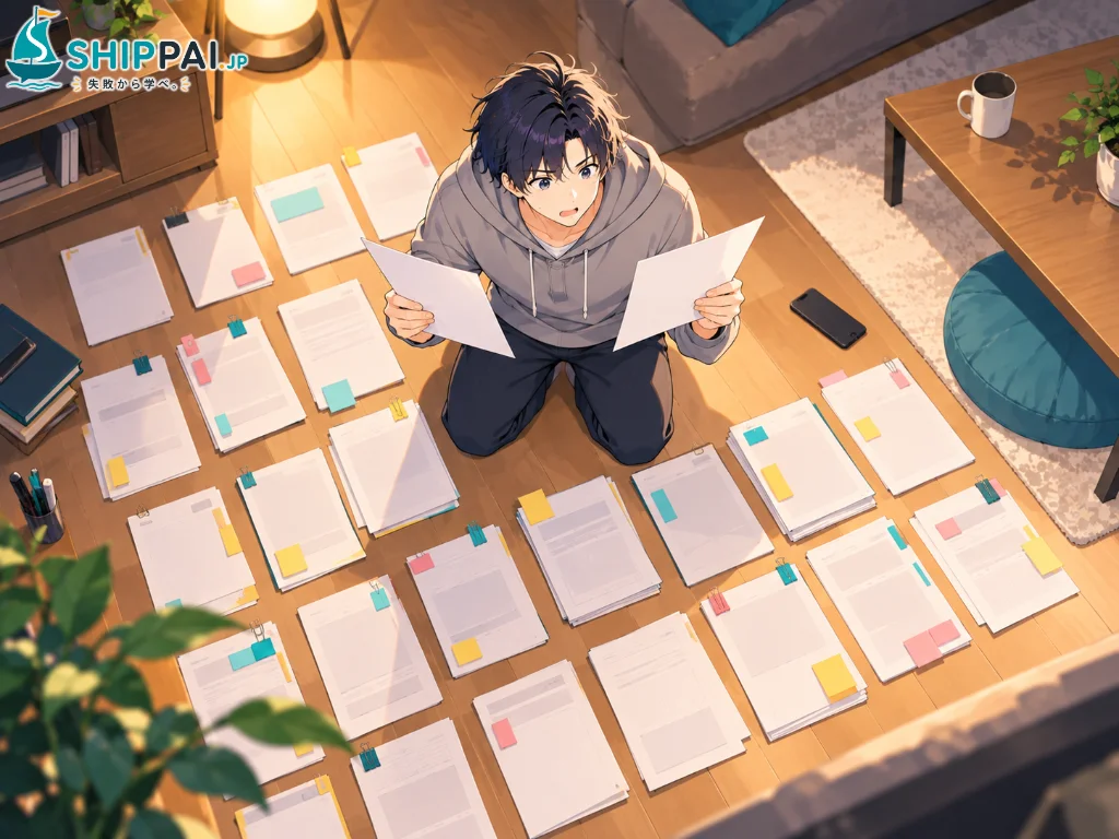 自宅のリビングの床に20社分の応募書類を並べて見比べ、伝えていた内容のずれに気づくまなぶのイラスト