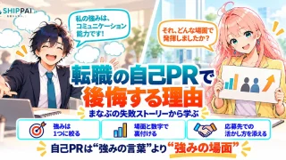 転職の自己PRで後悔する理由を紹介するSHIPPAI.JPの記事アイキャッチ。まなぶとみらいのイラスト付き