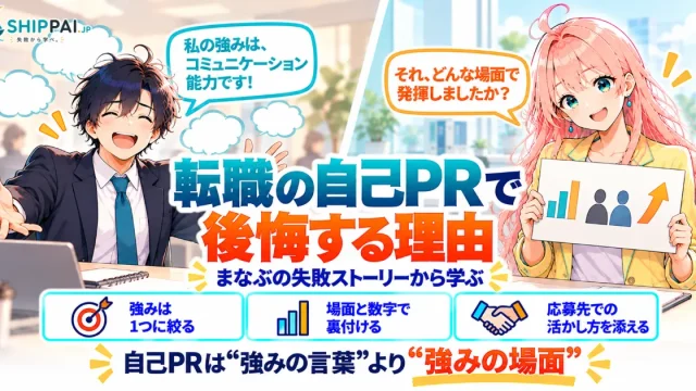 転職の自己PRで後悔する理由を紹介するSHIPPAI.JPの記事アイキャッチ。まなぶとみらいのイラスト付き
