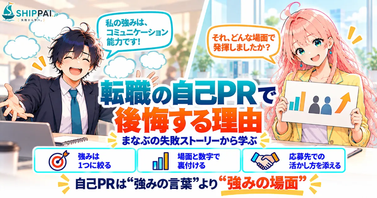 転職の自己PRで後悔する理由を紹介するSHIPPAI.JPの記事アイキャッチ。まなぶとみらいのイラスト付き