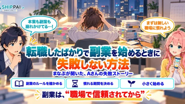 転職したばかりで副業を始めるときに失敗しない方法を紹介するSHIPPAI.JPの記事アイキャッチ。まなぶとみらいのイラスト付き