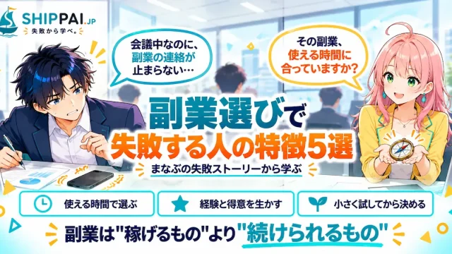副業選びで失敗する人の特徴を紹介するSHIPPAI.JPの記事アイキャッチ。まなぶとみらいのイラスト付き
