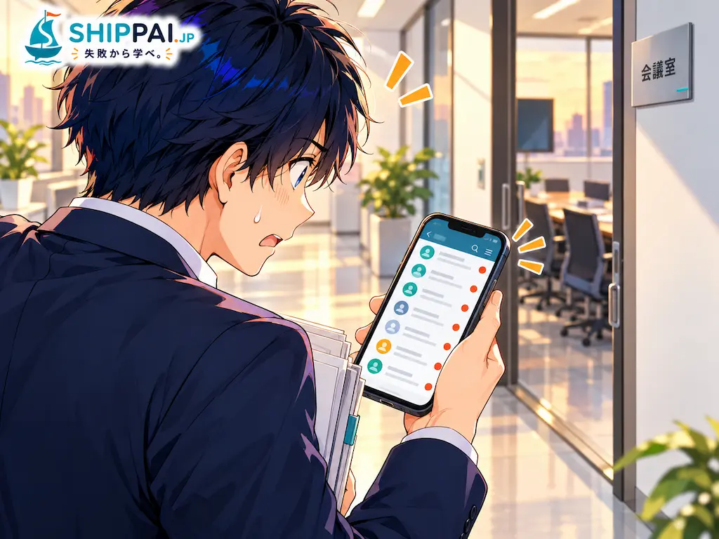 会議を終えた夕方の廊下で、スマートフォンに届いた大量の通知に気づき青ざめるまなぶのイラスト