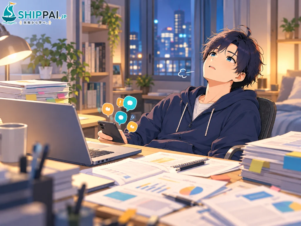 夜の部屋で、副業コミュニティの通知と講座の資料に囲まれ、手つかずの出品準備を前にため息をつくまなぶのイラスト