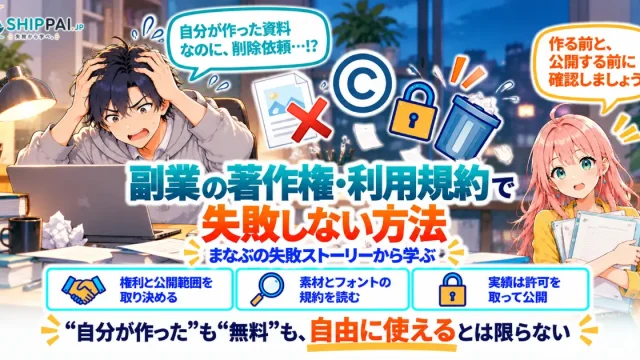 副業の著作権・利用規約で失敗しない方法を紹介するSHIPPAI.JPの記事アイキャッチ。まなぶとみらいのイラスト付き
