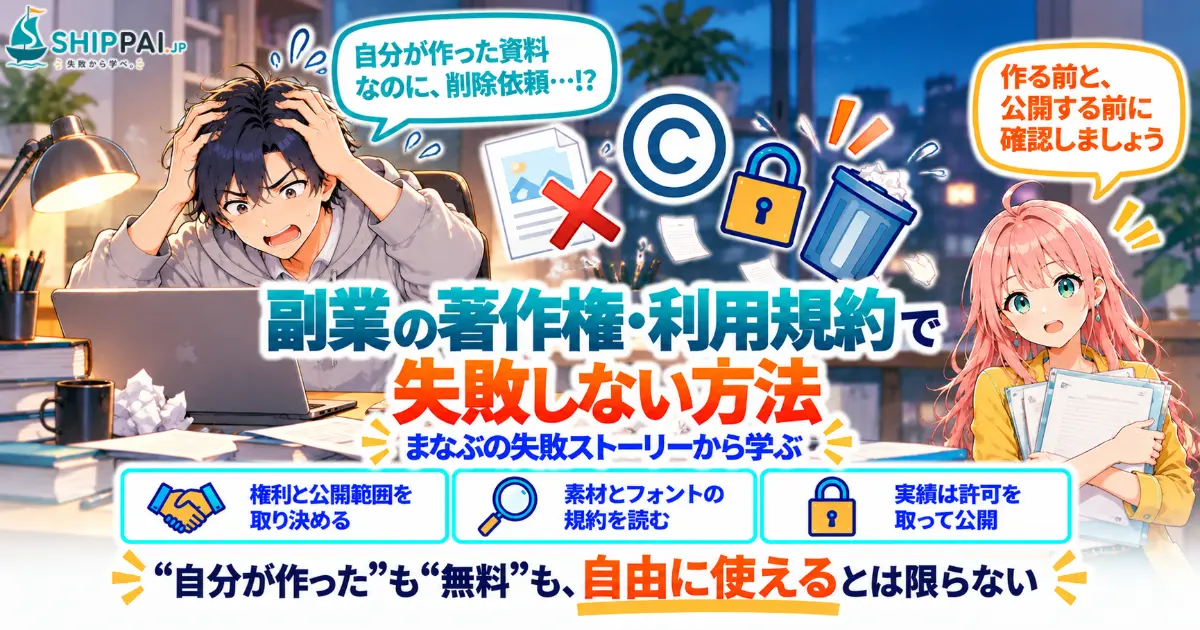 副業の著作権・利用規約で失敗しない方法を紹介するSHIPPAI.JPの記事アイキャッチ。まなぶとみらいのイラスト付き